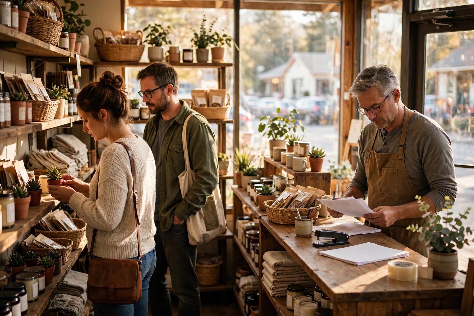 Illustration of customers browsing inside a small retail store