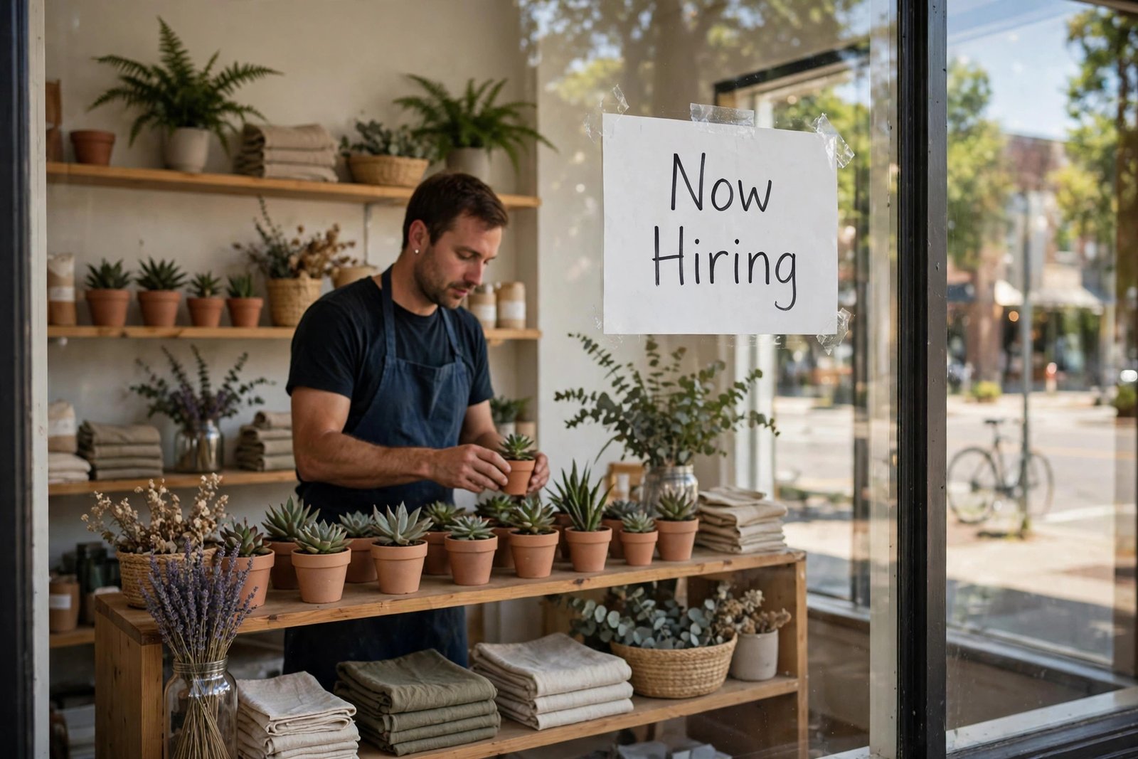 Illustration of a small shop window with a Now Hiring sign