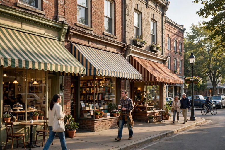 Illustration of an American Main Street with small independent shops