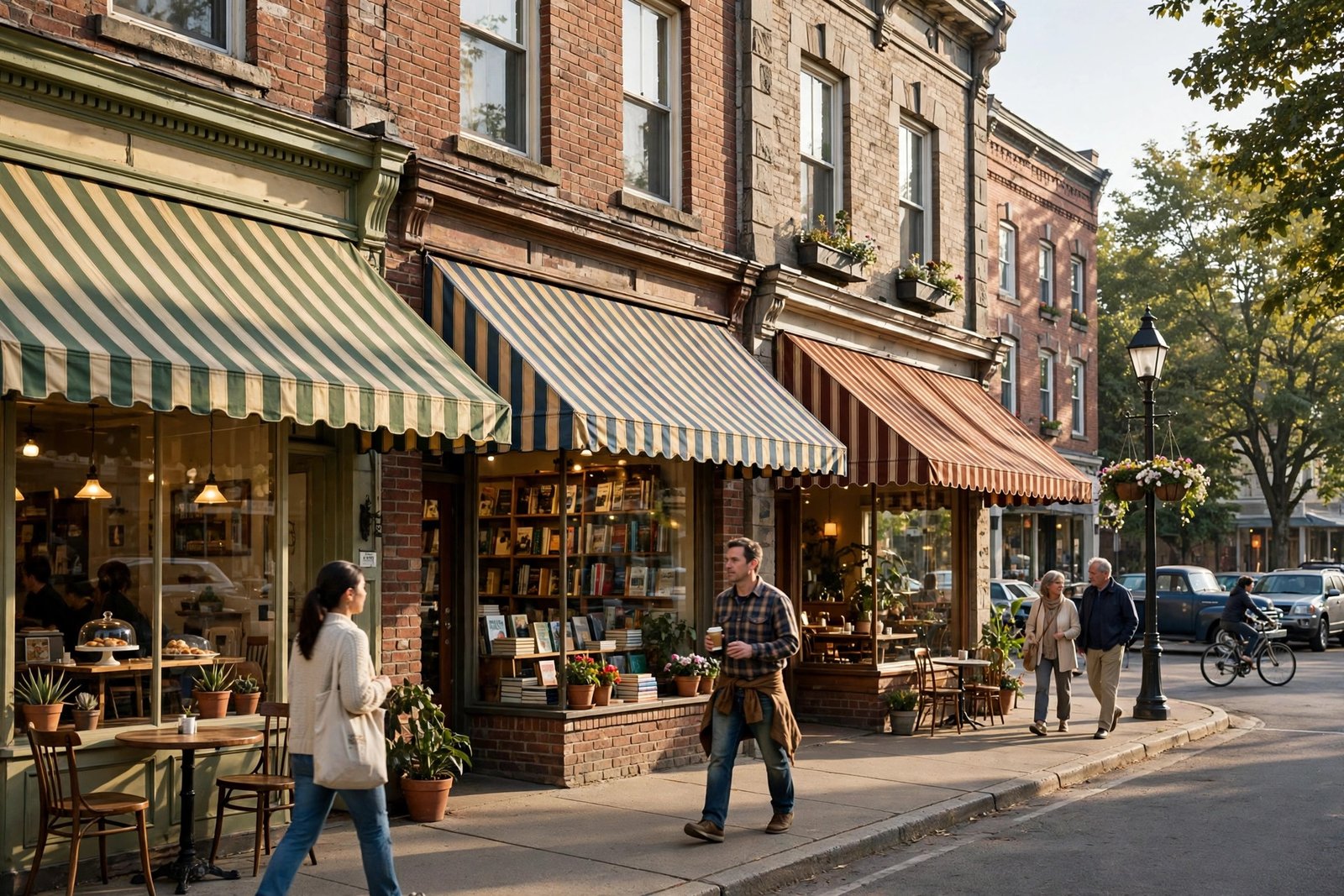 Illustration of an American Main Street with small independent shops